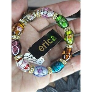 New With Tags Erica Colorful Glass Bead Stretch Bracelet Rhinestone Statement